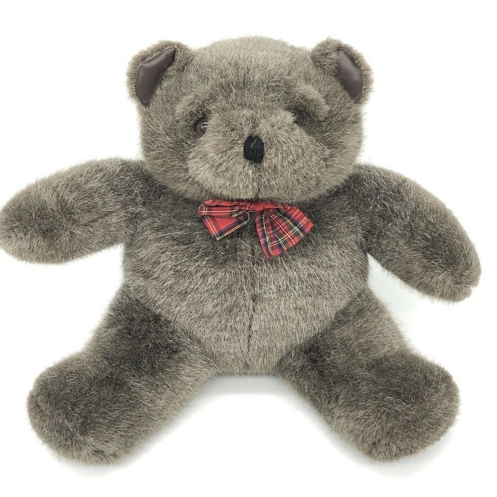 YANG JEE 12" VINTAGE BROWN TEDDY BEAR PLAID BOWTIE STUFFED ANIMAL PLUSH TOY